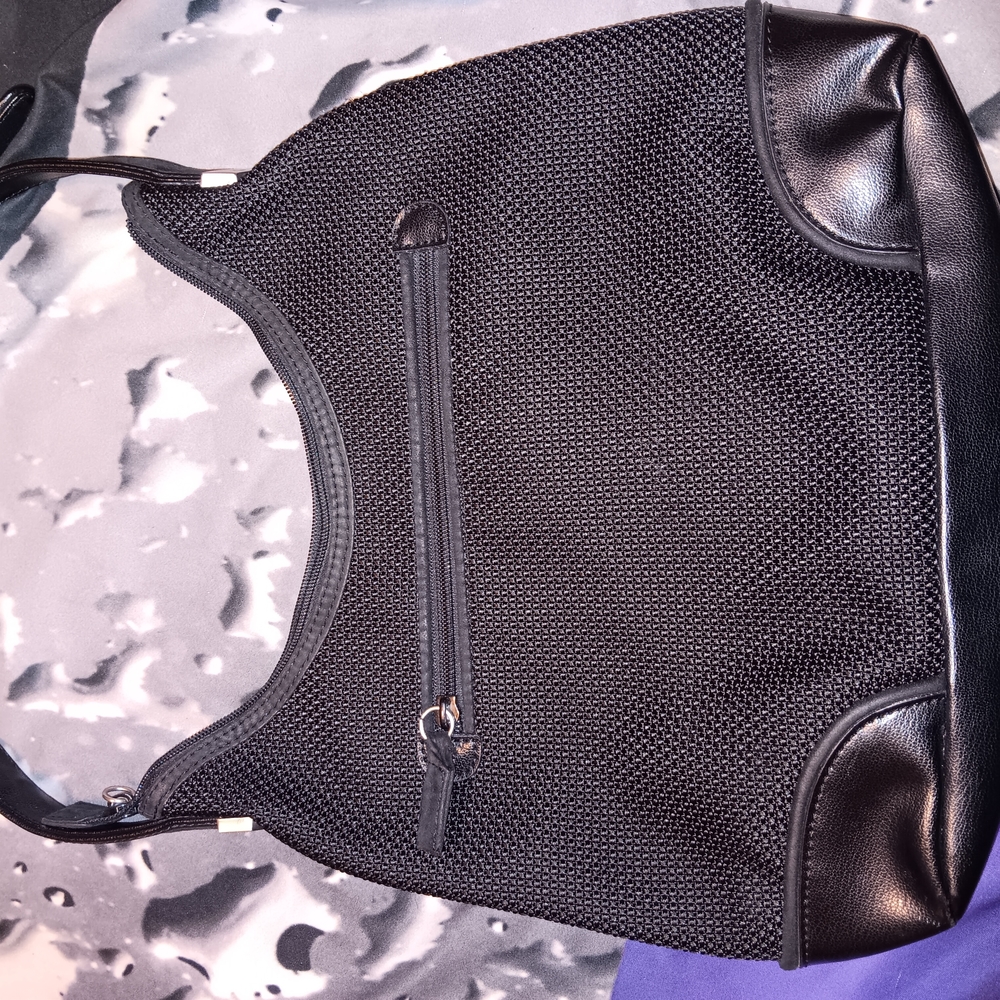 Black Crescent Shoulder Bag with Textured Fabric and Leather Accents